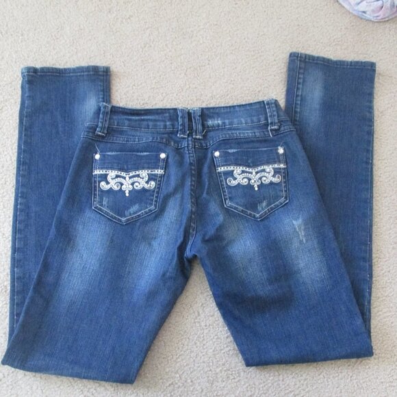 Liuces Distressed Womens Jeans Size 5 Denim Rhinestone Pockets Pants Juniors - Picture 8 of 11